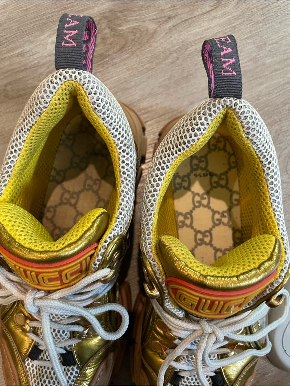 Gucci Metallic Gold, White & Tan Mesh Athletic Sneakers - Picture 11 of 13